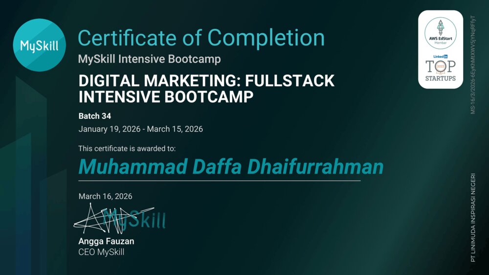 MySkill Digital Marketing Full-Stack Intensive Bootcamp certificate